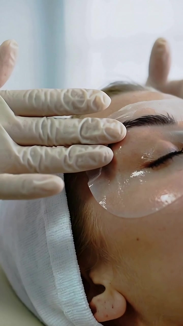Video verticale: Professionista che inizia ad applicare un cuscinetto in idrogel per la cura degli occhi in una spa, con fascia per capelli, spazio per il testo