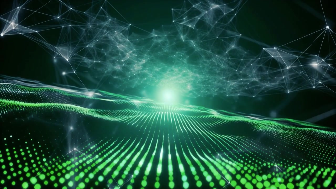 Abstract Digital Landscape with Glowing Green Particles and Network Connections