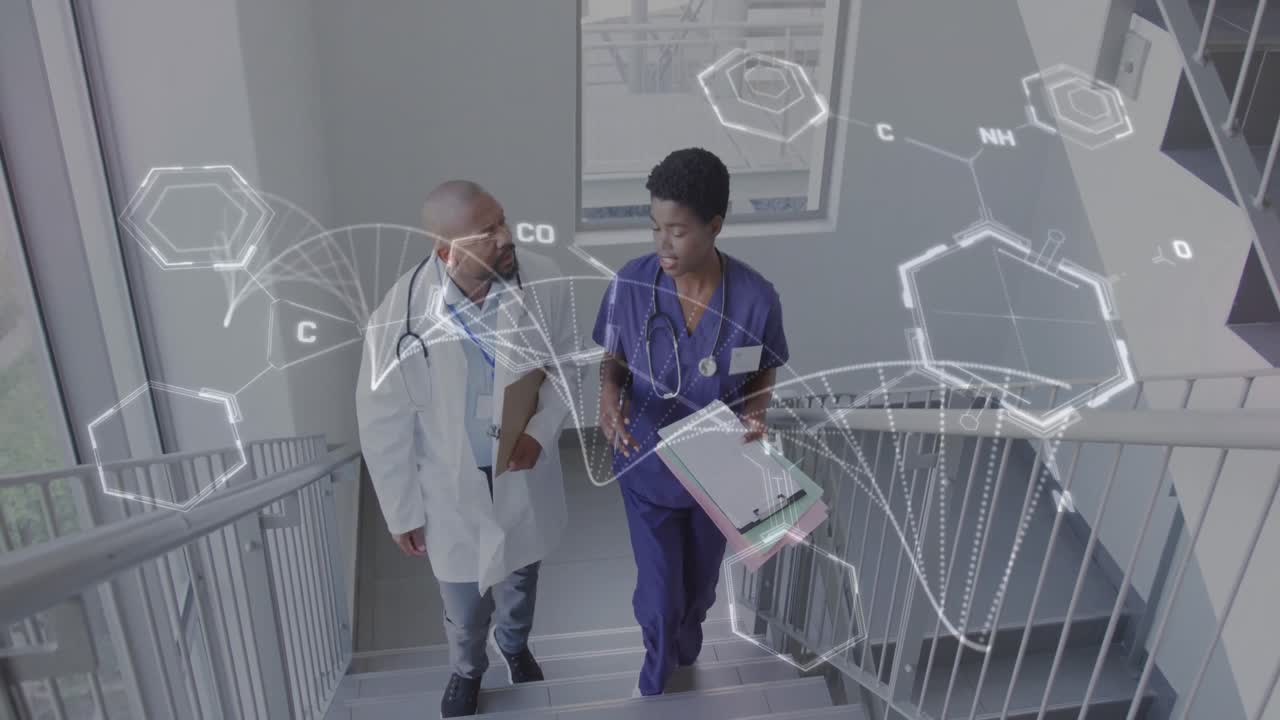 Animation d'une chaîne d'ADN et de traitement de données sur des médecins de diverses origines