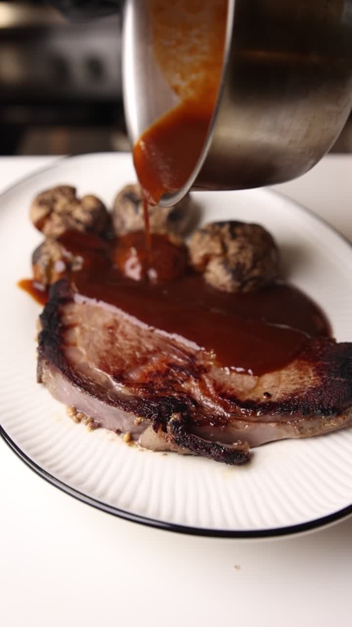 Versare la salsa su bistecca cotta e polpette su un piatto