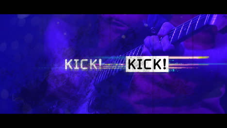 animation of kick in black and white text with colourful distortion over electric guitar player