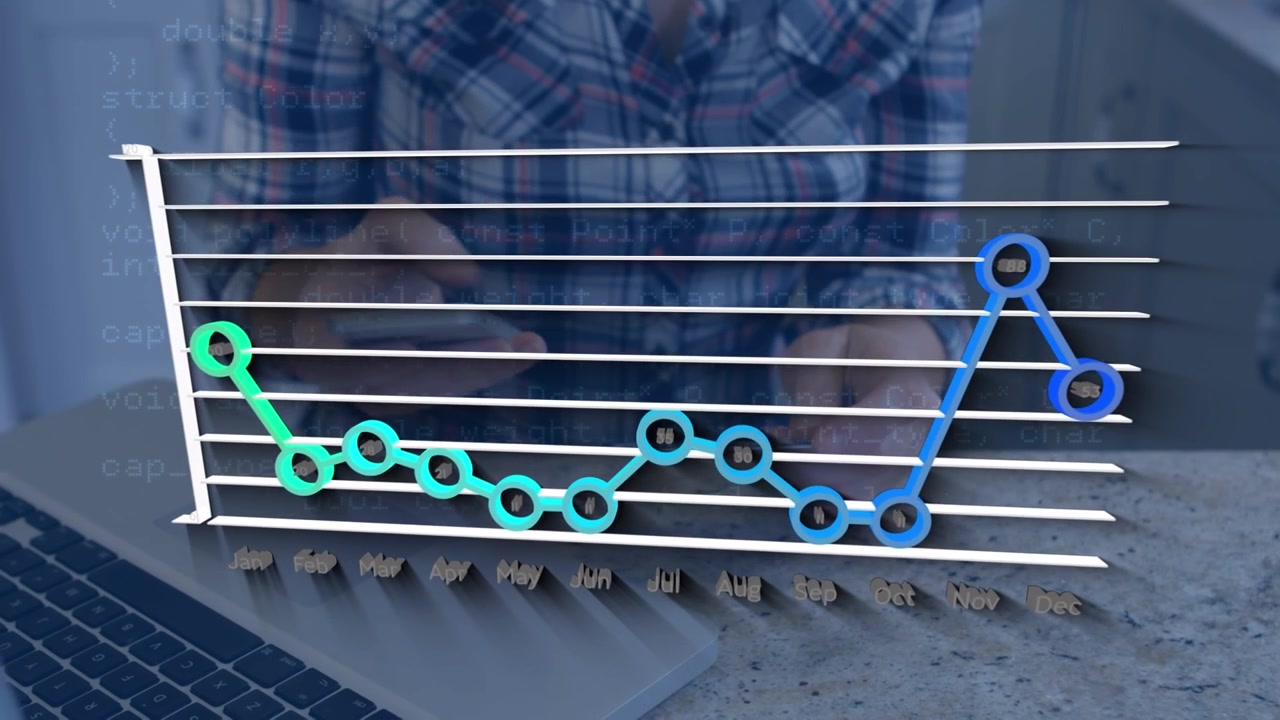 Person Working on Laptop with Animated Data Graph Overlay