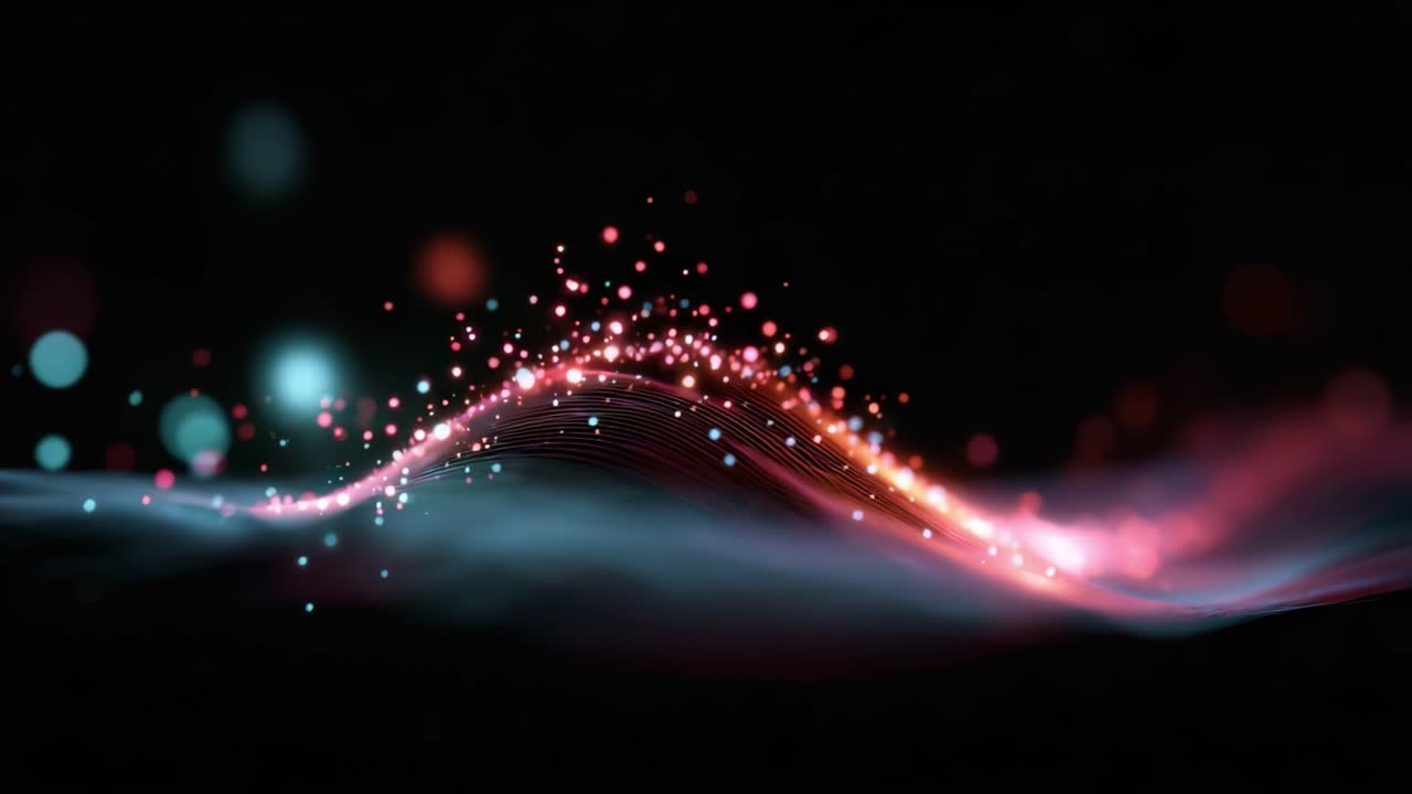 A mesmerizing digital abstract wave pattern with vibrant colors and sparkling particles flowing across a dark background, creating a sense of movement and energy