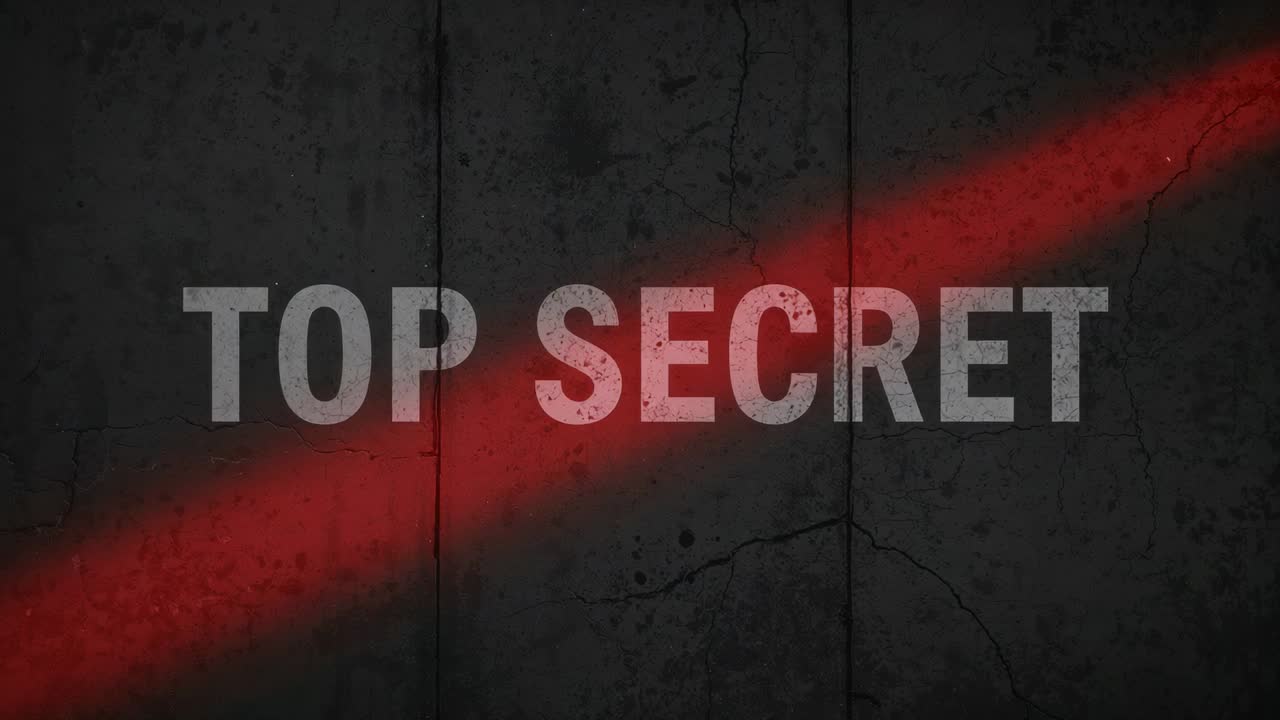Sweeping red beam entering upper-left, crossing TOP SECRET on concrete wall, causing flicker