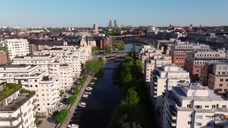 Aerial-Pullback-Away-from-Klara-Sjo-Canal-in-Stockholm,-Sweden