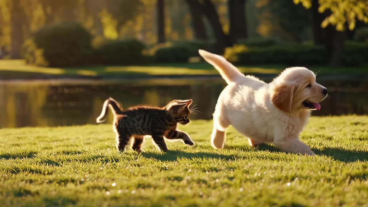 A playful kitten and puppy frolic on sunlit grass, captured in a low-angle shot