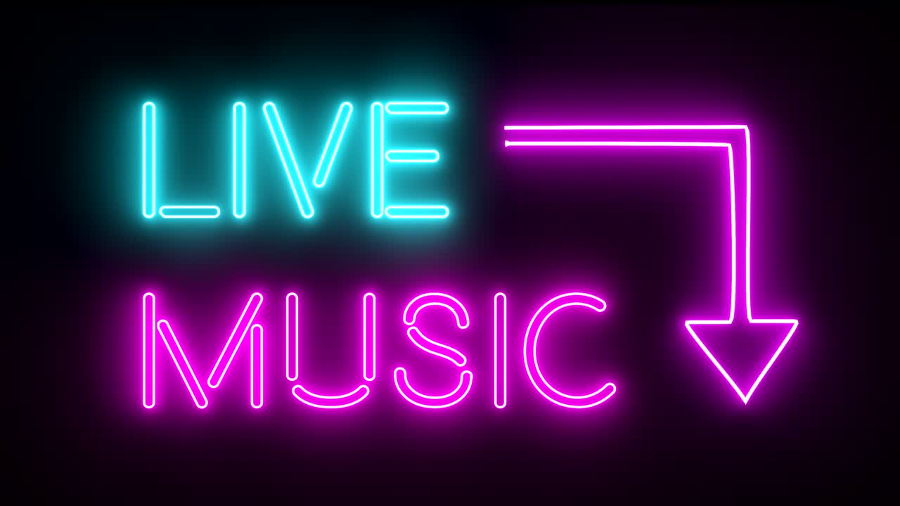 música en vivo señales de neón luces logotipo texto brillante multicolor 4k