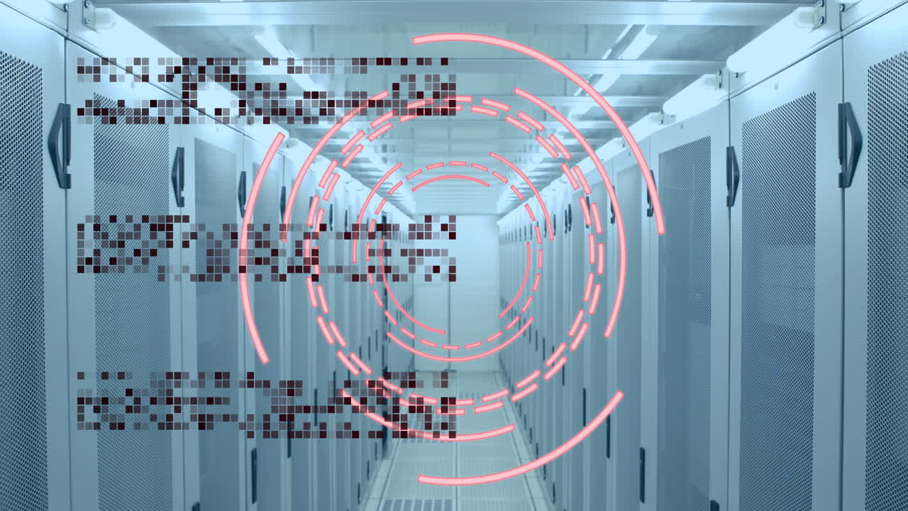 animación del procesamiento de datos y el escaneo de alcance sobre la sala de servidores