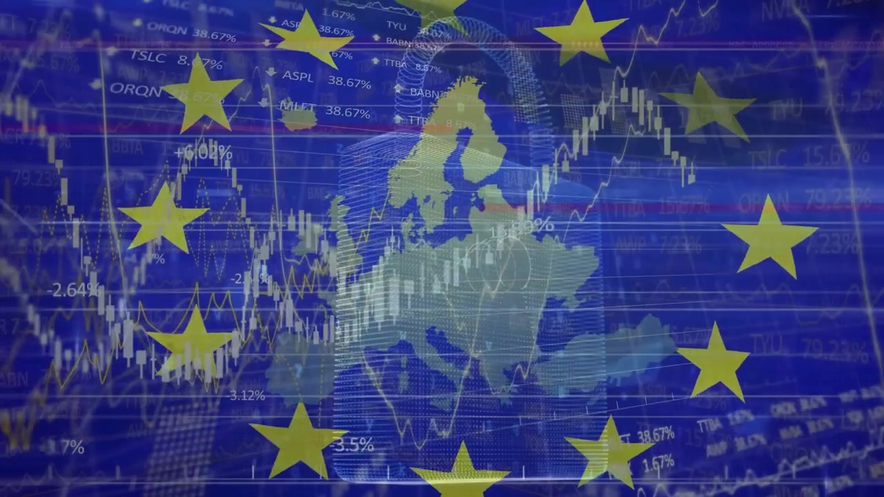 Animazione di un lucchetto, elaborazione dati e bandiera dell'UE