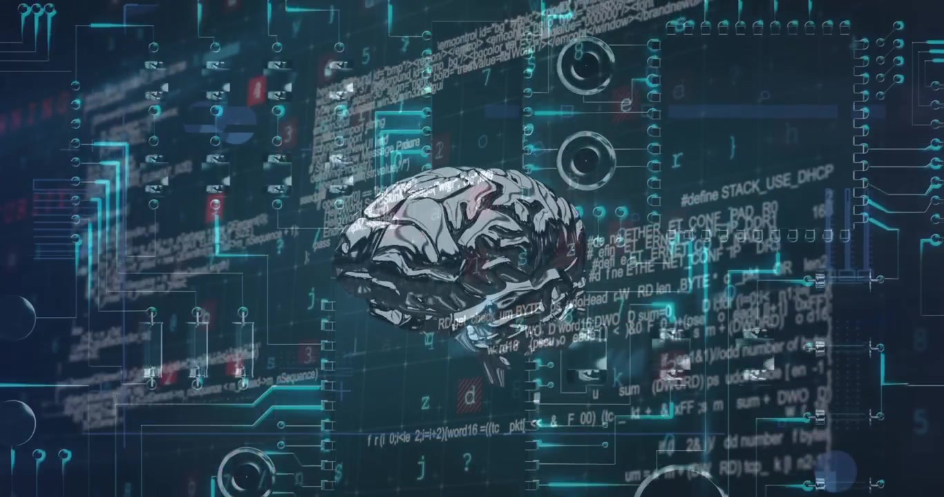 Animation of human brain, data processing and circuit board