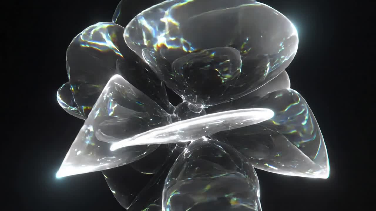 Moving camera dolly revealing rotating glass cluster in dark void, showing glints and mirror