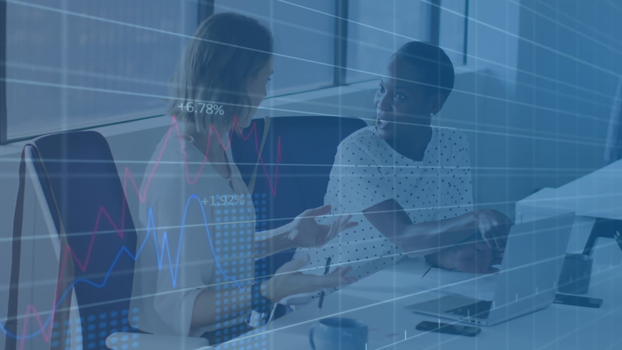 Animation of multiple graphs with changing numbers, diverse female coworkers discussing on desk
