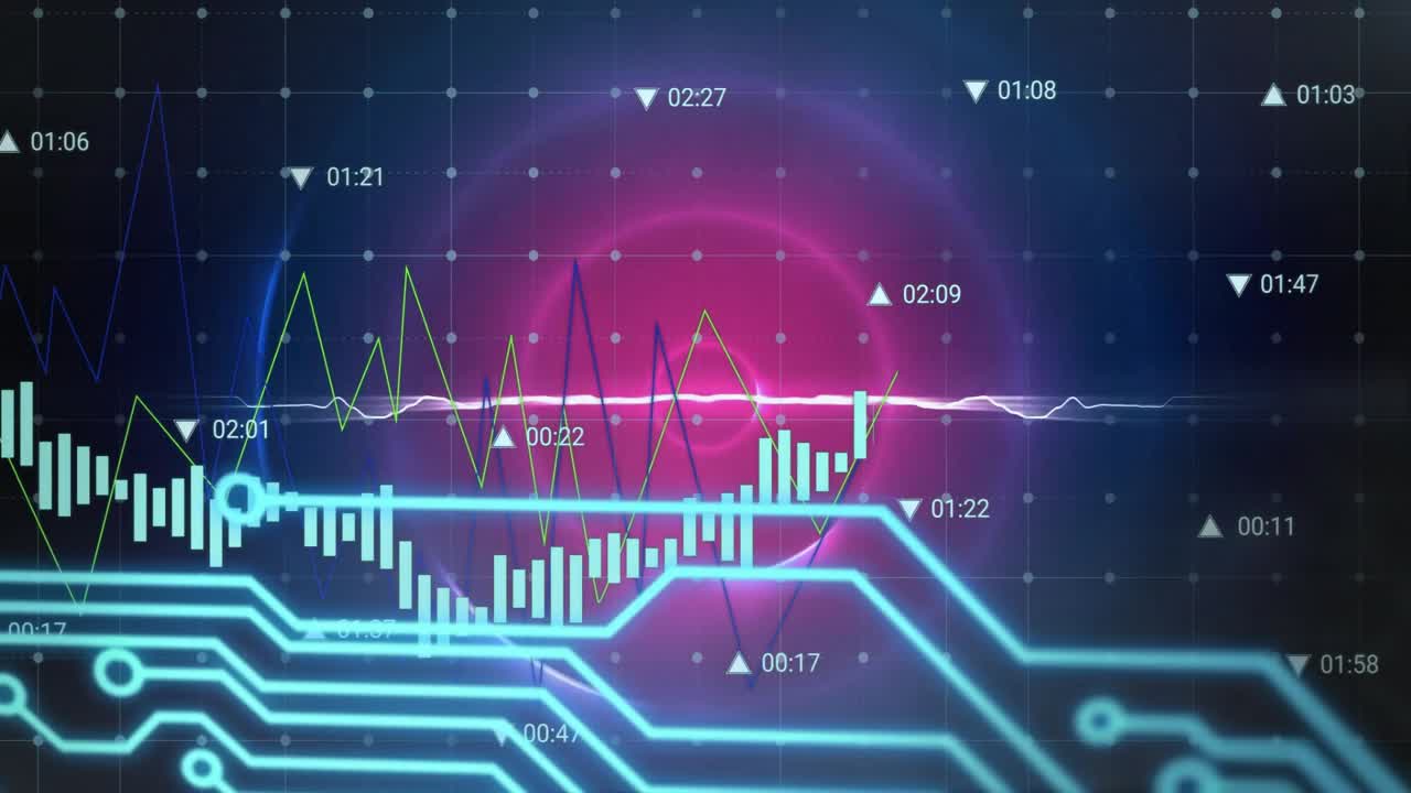 Data feed driving bars rising, blue circuits spreading and waveform oscillating showing data trends