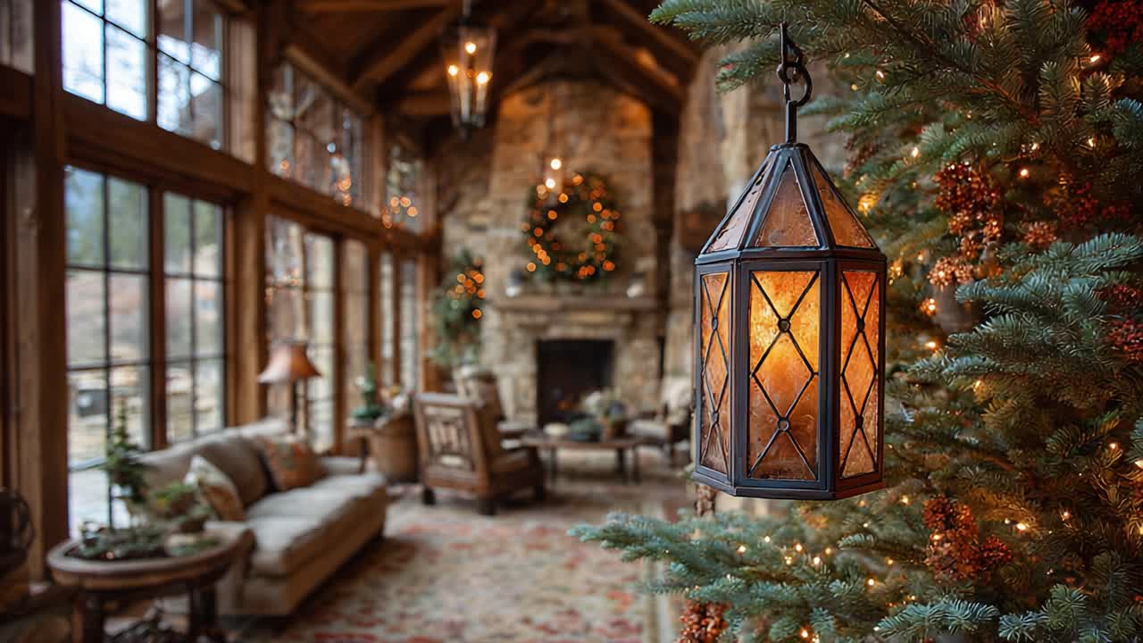 Cozy and Festive Living Room Decorated for the Holidays with a Beautiful Tree, Lanterns, and Wreaths, Inviting Atmosphere for Family Gatherings