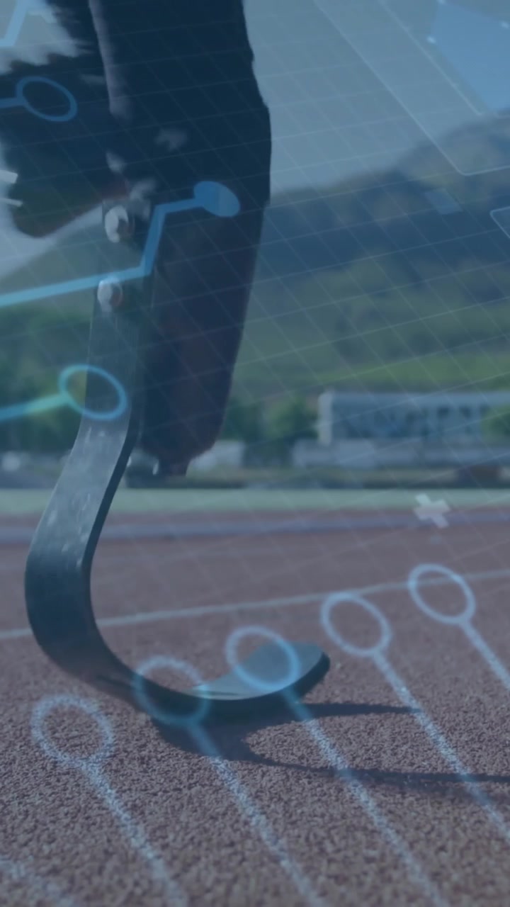 Circuit board animation over running track and mountainous landscape