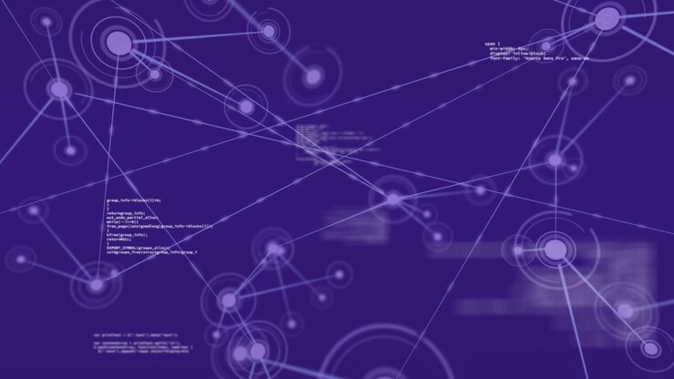 Animation of network of connections over digital city on blue background