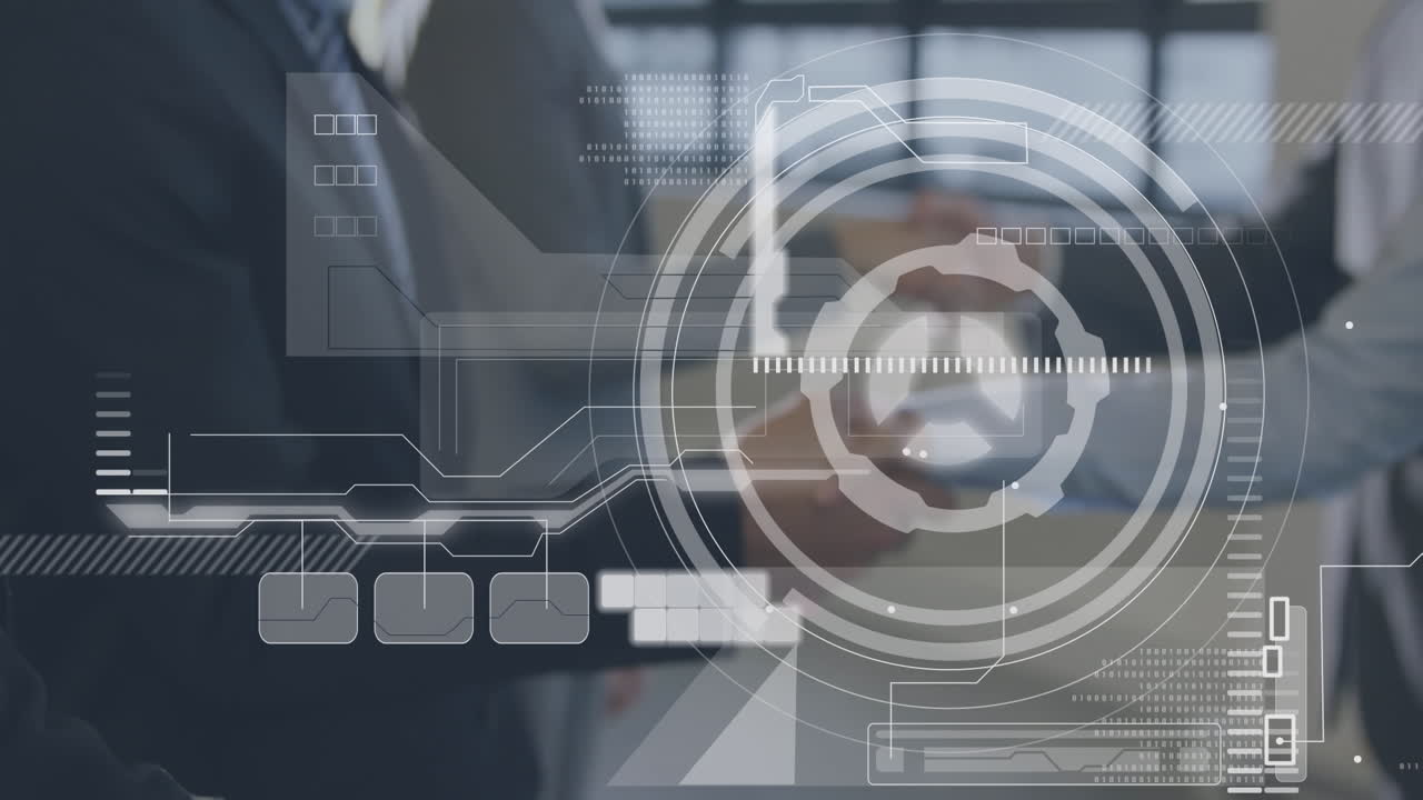 다양한 사업가들이 손을 흔들고 있는 금융 데이터 처리의 애니메이션