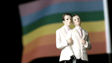 gay groom cake toppers in front of rainbow flag moving in the wind