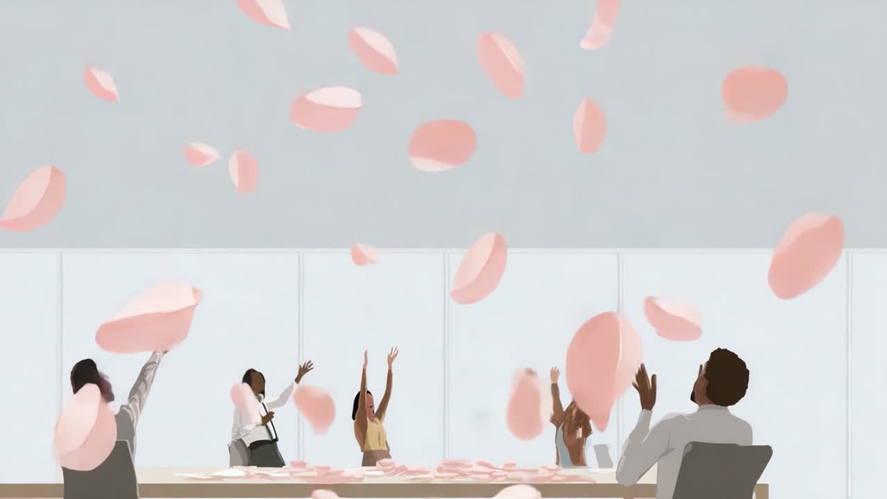 Celebrating Success: A Diverse Group of Professionals Joyfully Tossing Petals in an Office Setup, Signifying Achievement and Team Spirit in a Vibrant Atmosphere