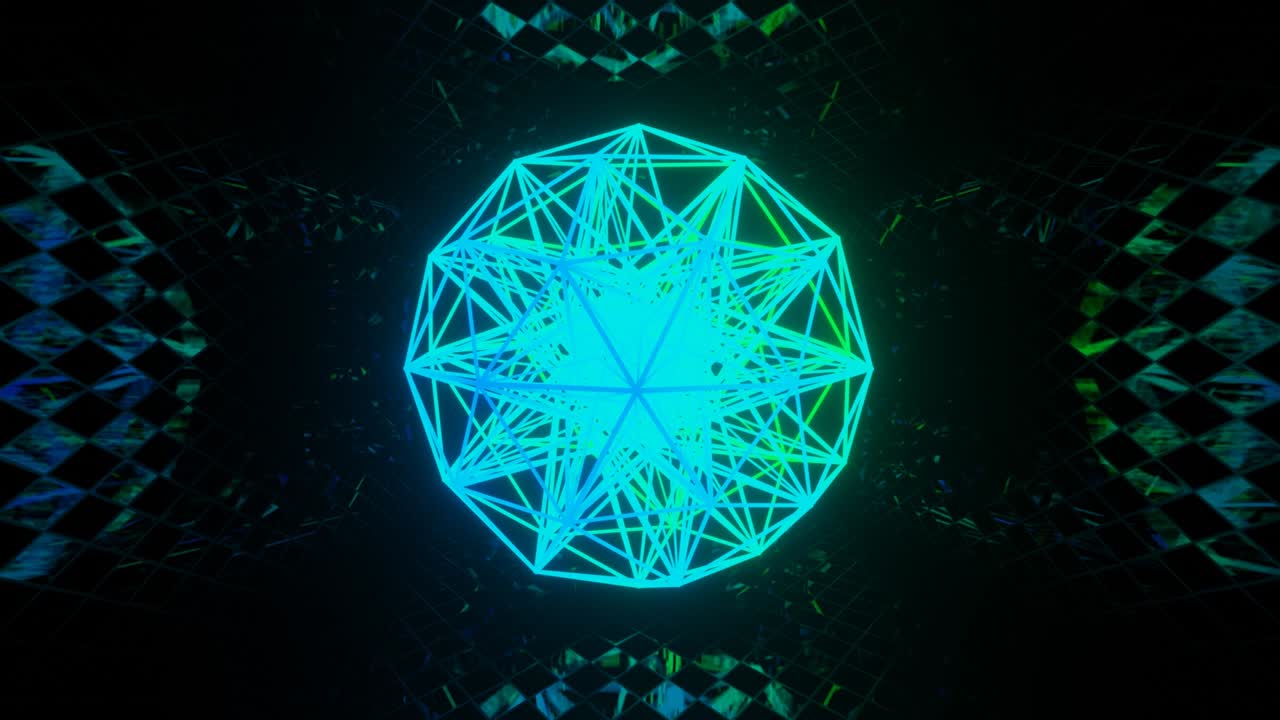 habitación de espejo de bucle vj con estructura de esfera de marco de neón volador. bg festivo abstracto con reflejo brillante. luces de discoteca de habitación oscura. bg de bucle sin costuras con luz de neón. club nocturno de estilo neón brillante bg