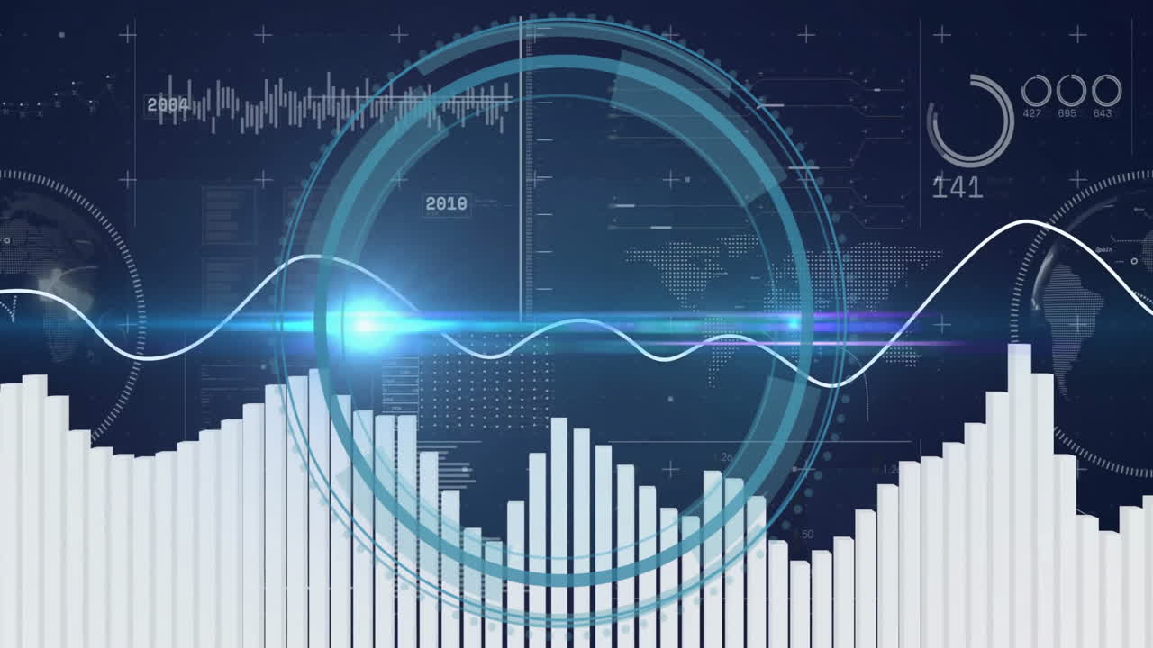 Animation showing data visualization with bar graphs and waveforms on world map
