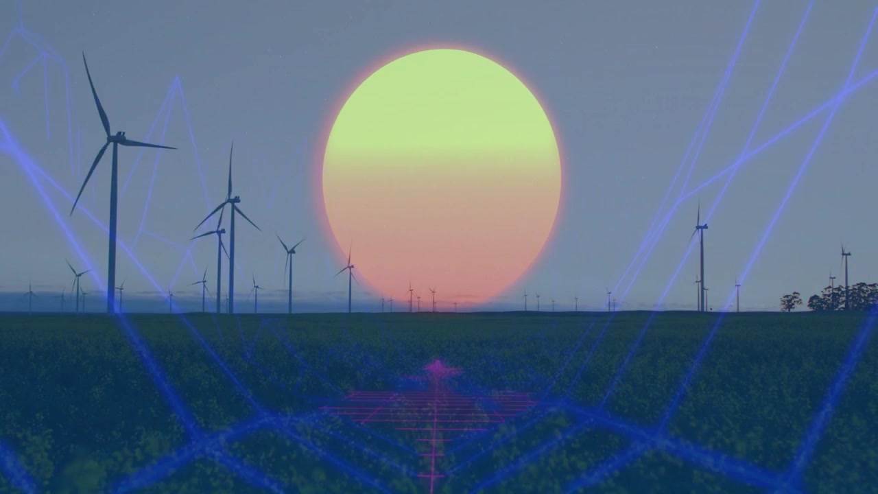 Sole stilizzato che sorge su un parco eolico che alimenta una griglia al neon che si illumina e glitch che pulsano mostrando energia