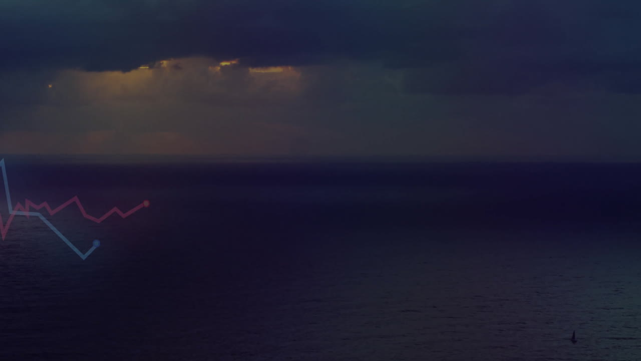 Dark moody seascape being visualized at dawn, showing sailboat drifting right and zigzag overlays