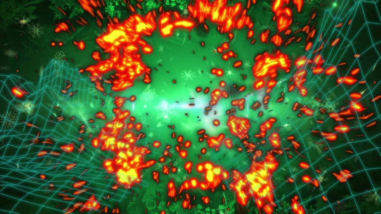 Green glow sparking red embers drifting, pulsing wireframe grid, snowflakes evoking winter ambience
