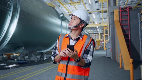ingeniero masculino asiático con casco de seguridad usando un teléfono inteligente y mirando a su alrededor mientras está de pie en una fábrica de fabricación de tuberías