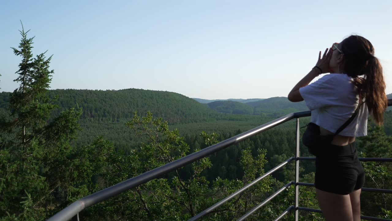 Enjoying a scenic view from a lookout platform North Vosges Regional Natural Reserve France