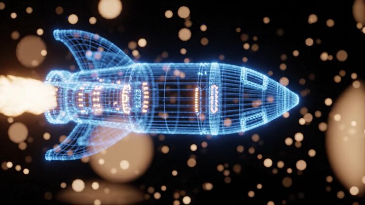 A futuristic holographic rocket ship ascending through a starry void, showcasing a captivating digital design as it blasts off into the cosmos with vibrant lights.