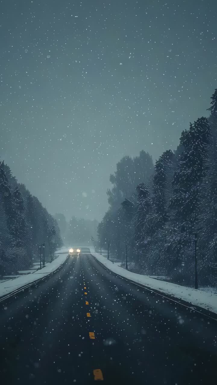 Vertical video: Lights appearing at horizon, vehicle moving along two-lane road amid snowy trees