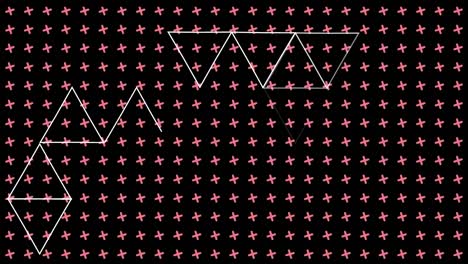 animación de triángulos de líneas blancas que se mueven sobre una cuadrícula de cruces rosadas en fondo negro