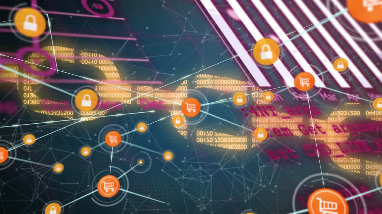 검은색 배경에 아이콘과 데이터 처리를 가진 연결 네트워크의 애니메이션