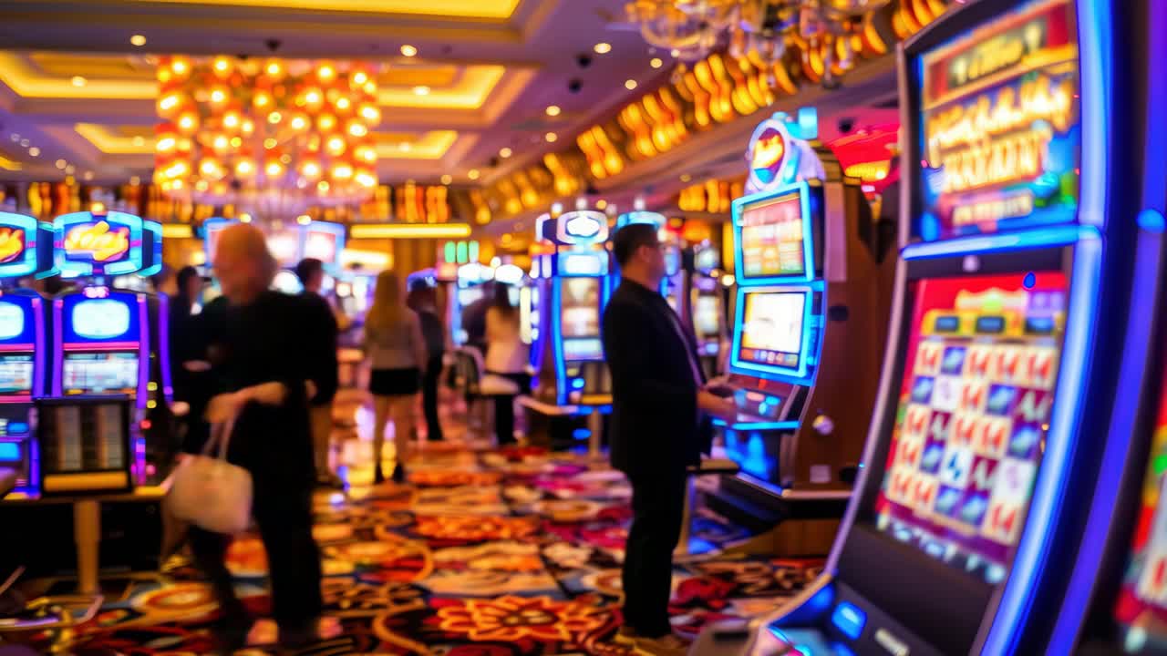 Vivace sala da casinò con slot machine, ripresa a livello degli occhi