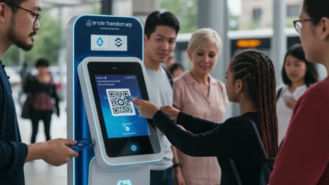 a group of diverse individuals engaging with a high-tech transport payment system, demonstrating the ease of digital transactions in a modern urban setting