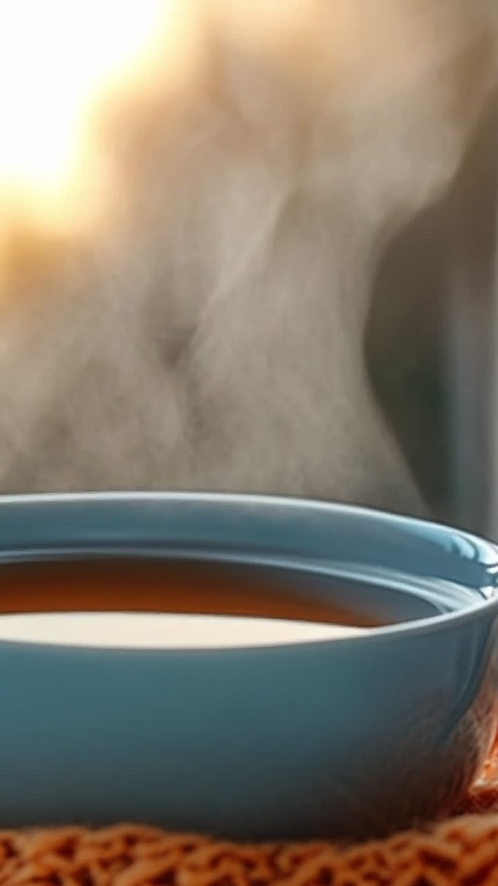 Cozy cup of warm beverage by the window. A steaming cup of tea rests on an orange knitted cloth, with sunlight streaming through a nearby window.