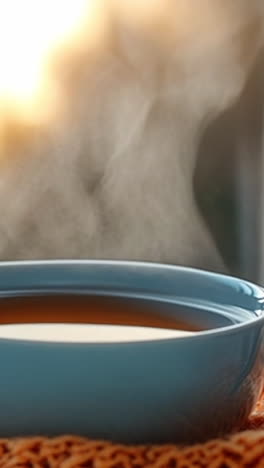 cozy cup of warm beverage by the window. a steaming cup of tea rests on an orange knitted cloth, with sunlight streaming through a nearby window.