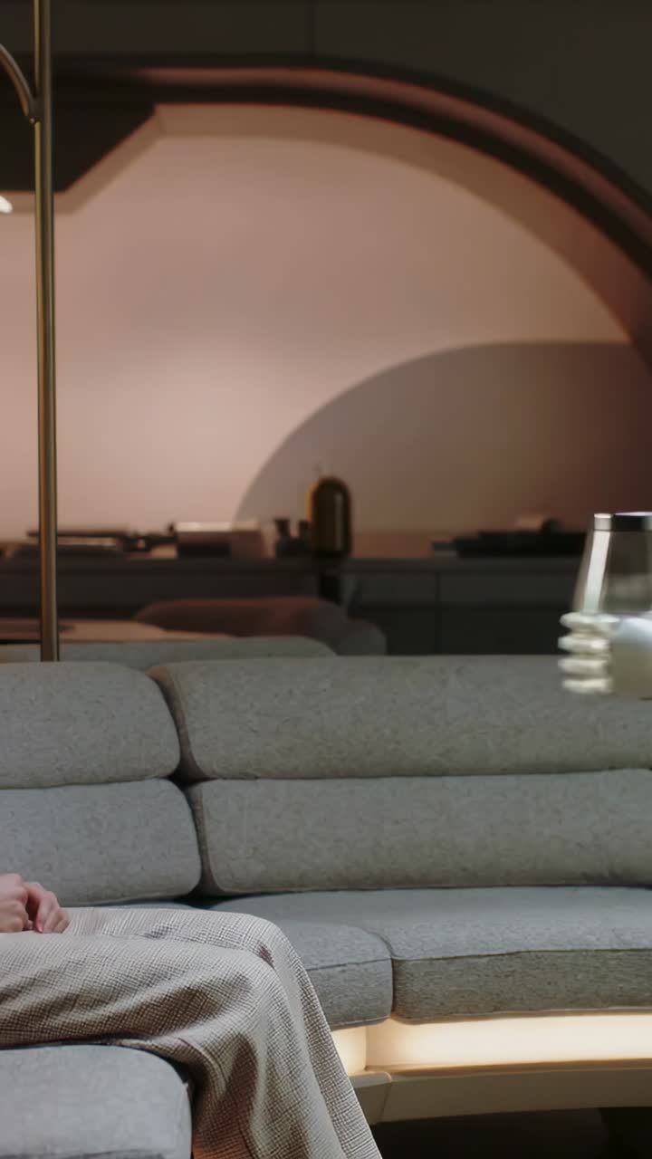 Vertical video: Serving robot as person in patterned pants reaching, placing glass on table at home