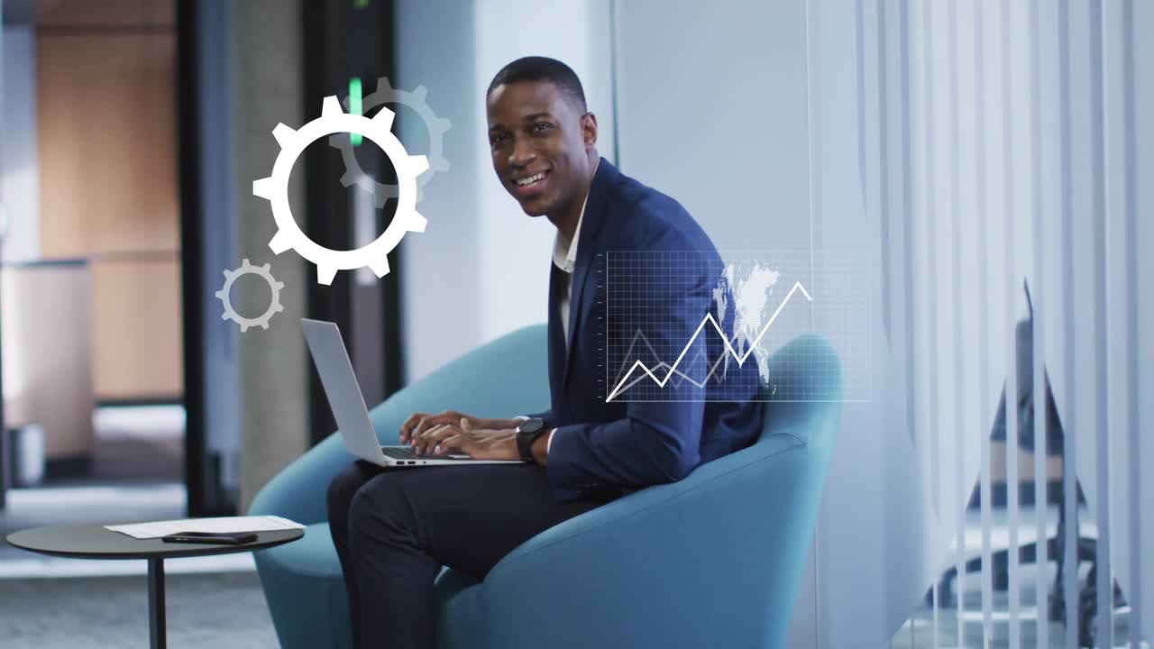 Businessman typing on laptop, initiating animated flowchart and charts visualizing data on lap