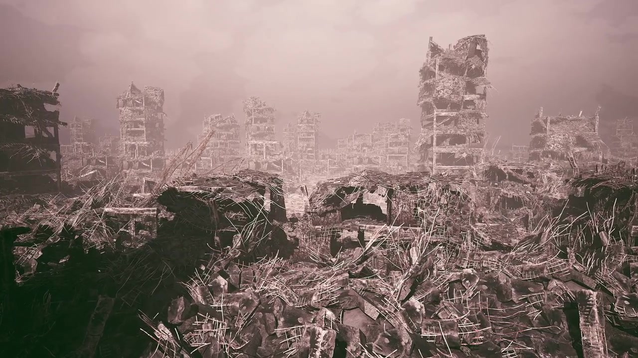 Ruins of a devastated city landscape with scattered debris and destruction