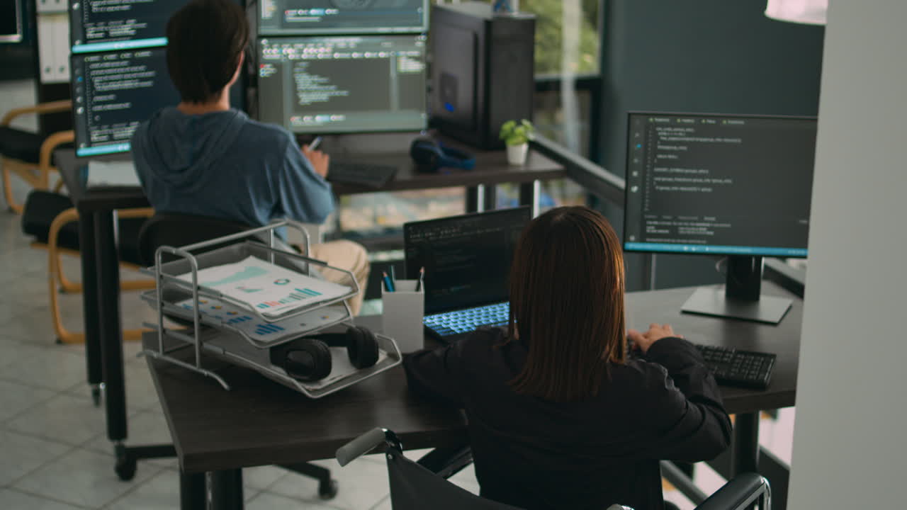 Asian software developer with impairment writing code with html script in data room