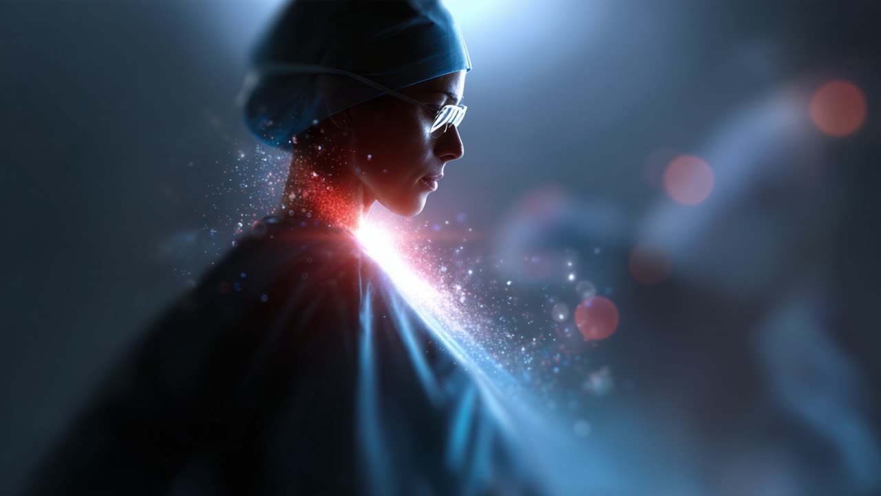 A focused medical professional in scrubs, poised with determination, embodies the essence of hope and healing amid a vibrant, glowing backdrop