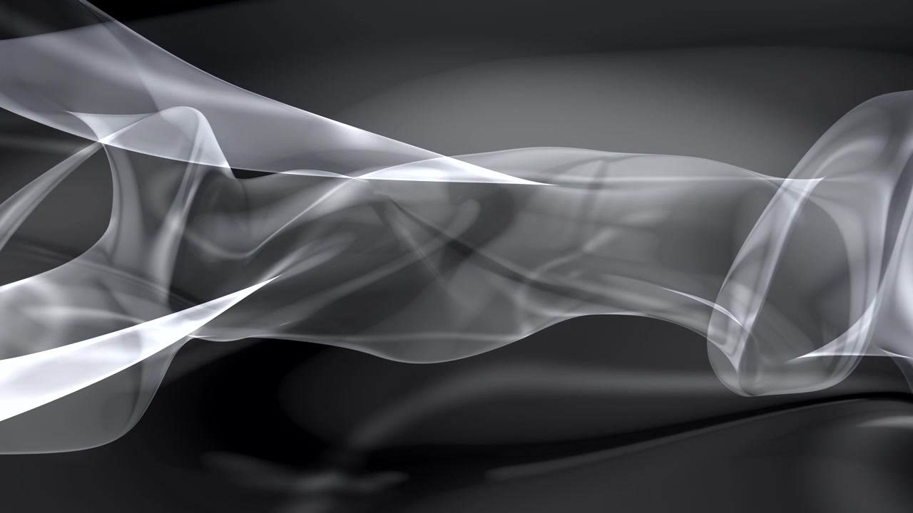 Un rendering 3D astratto mostra fumo che scorre e nastri di vetro trasparente che ondeggiano su uno sfondo scuro, creando una texture grafica in movimento elegante e organica per presentazioni aziendali.