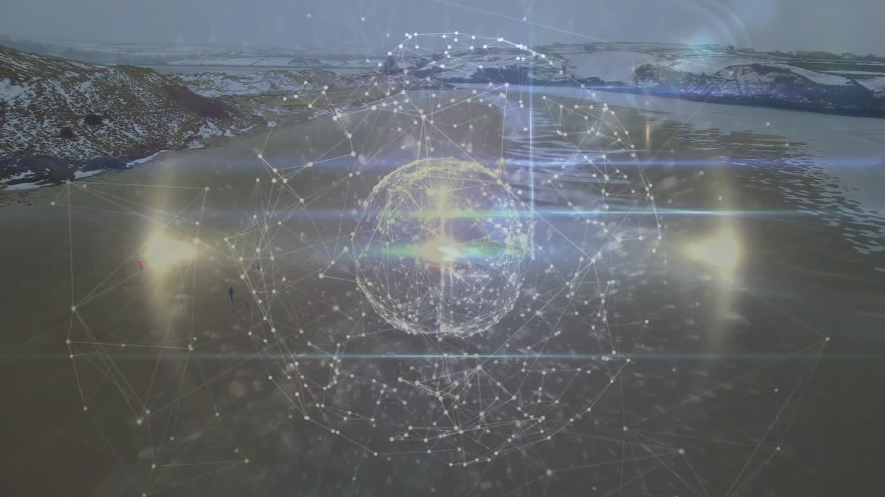 Faint glowing dots forming into 3D-render sphere on ice, showing links behind walking silhouettes