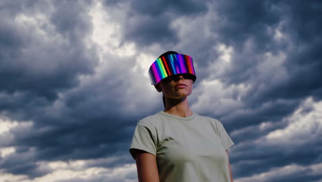 woman with futuristic colorful visor under cloudy sky