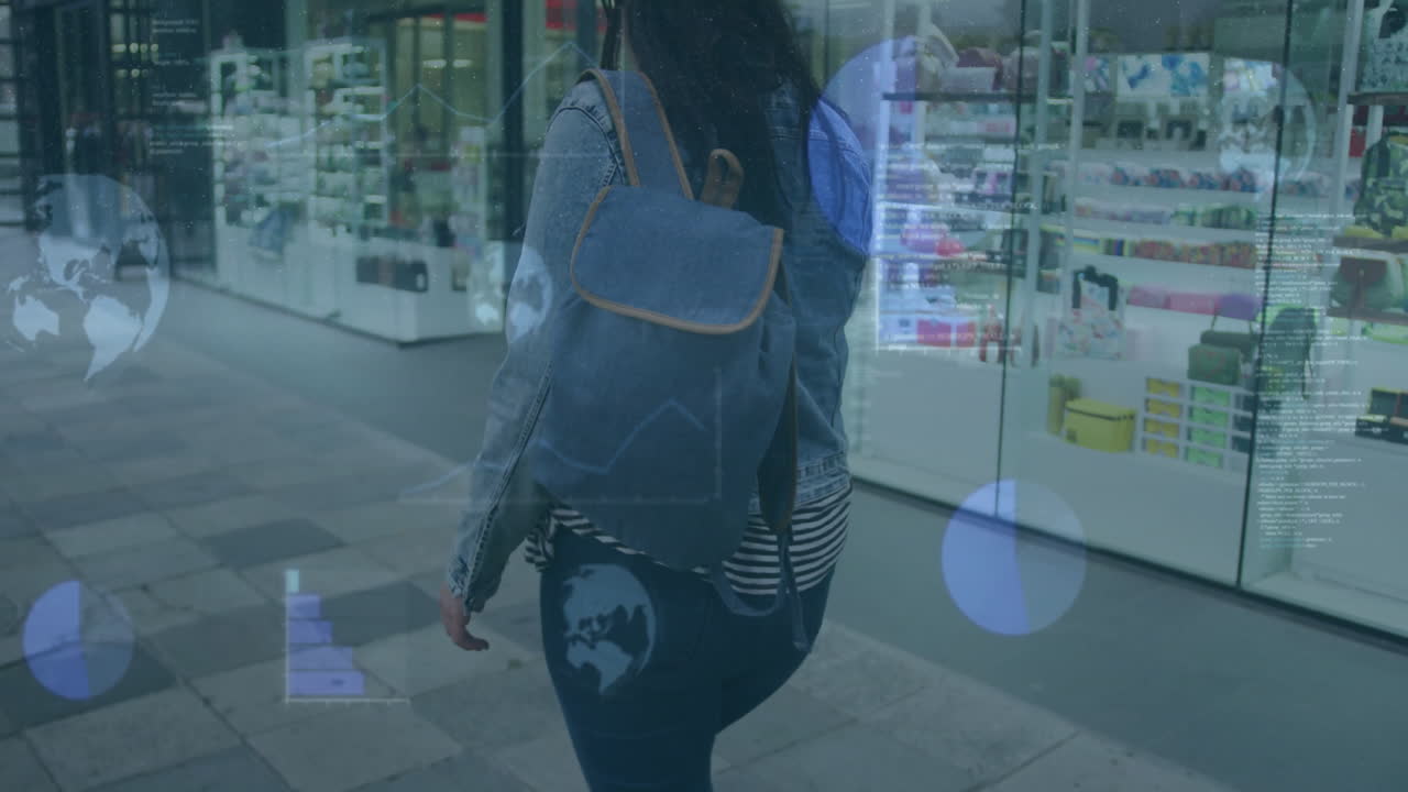 거리에서 는 동안 드폰을 스크롤하는 두 인종 여성에 대한 그래프와 장갑의 애니메이션