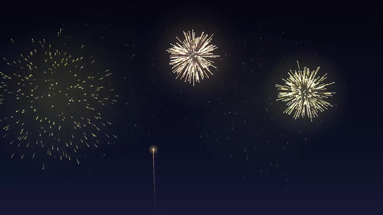 Fuochi d'artificio dorati esplodono e brillano in un cielo notturno blu scuro in questa animazione festiva