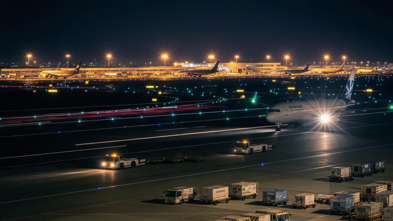 Nighttime Airport Scene: Illuminated Runways, Aircraft, and Ground Operations Captured in Vibrant Long Exposure Photography