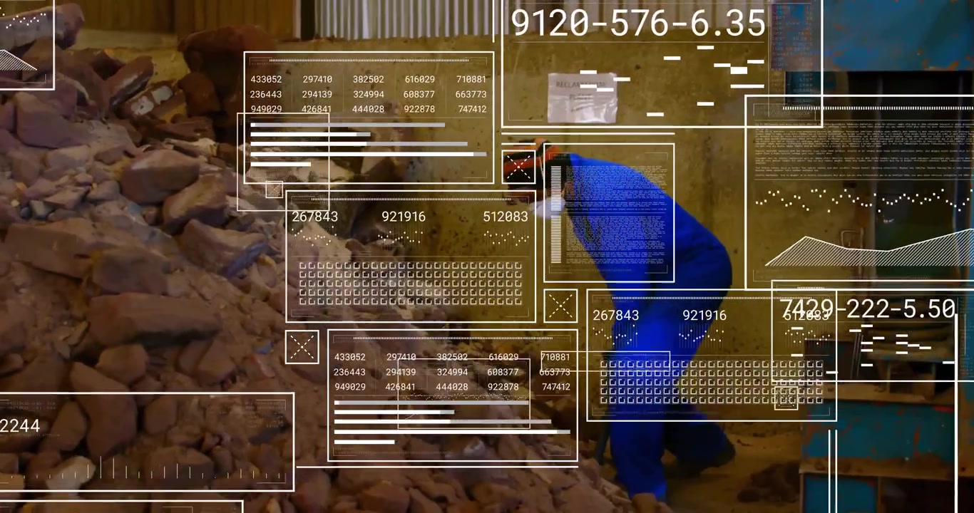 Worker entering recycling facility and scanning brick rubble, lifting pieces and inspecting quality